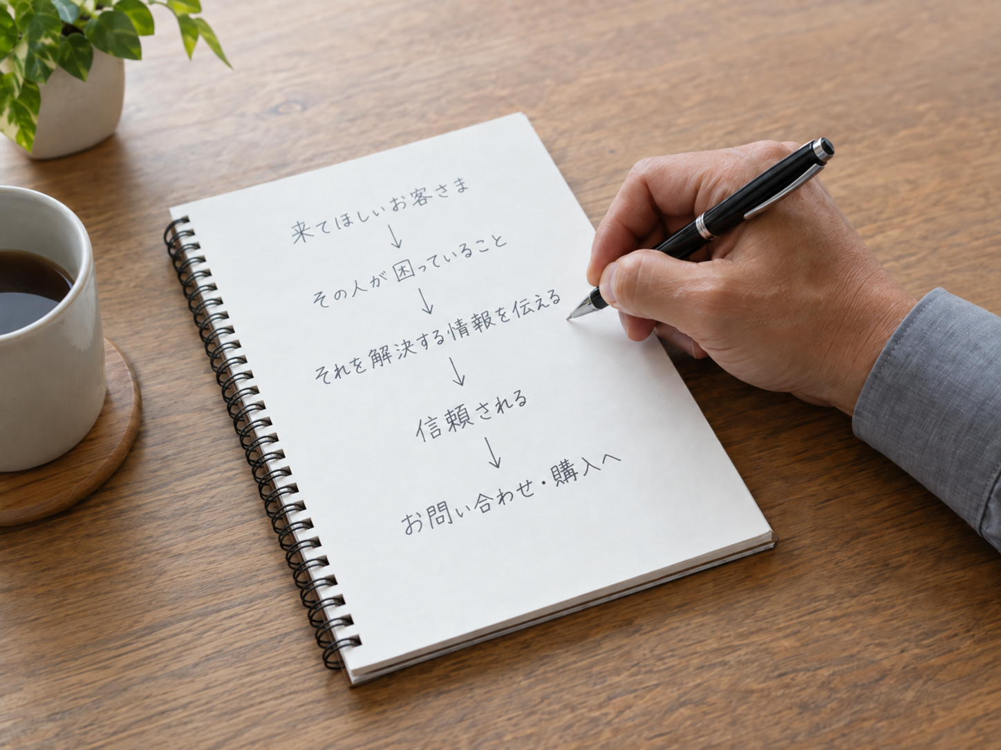 集客の流れをノートに書きながら考える様子