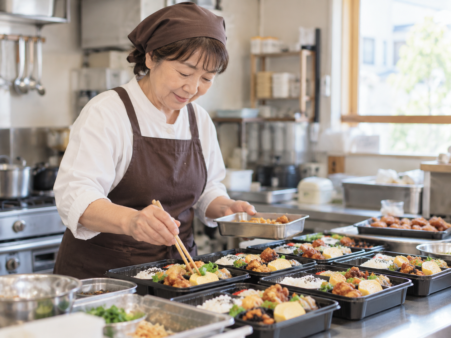 複数のお弁当を丁寧に盛り付ける女性事業者