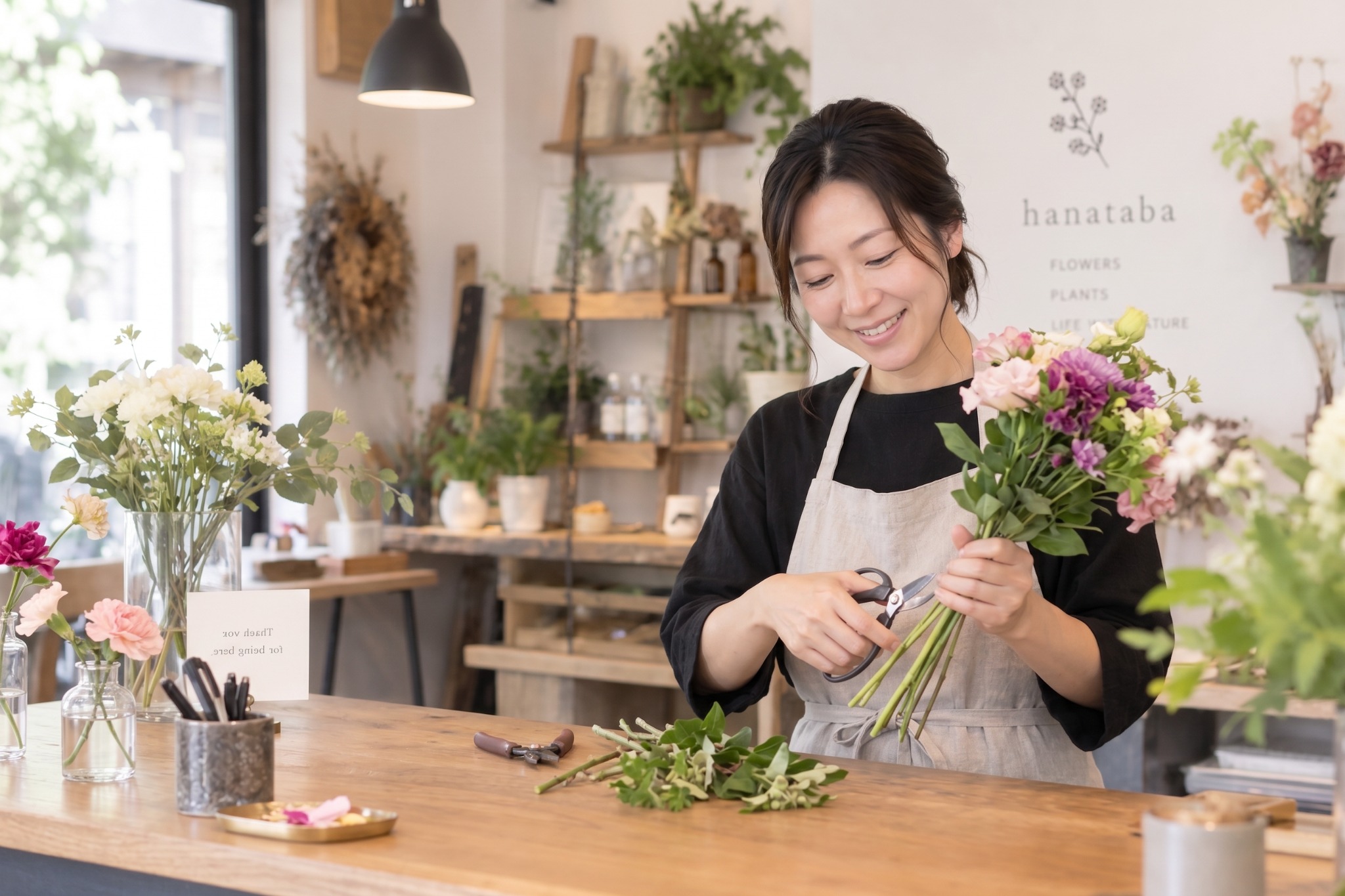 花束を仕上げる花屋の女性事業者