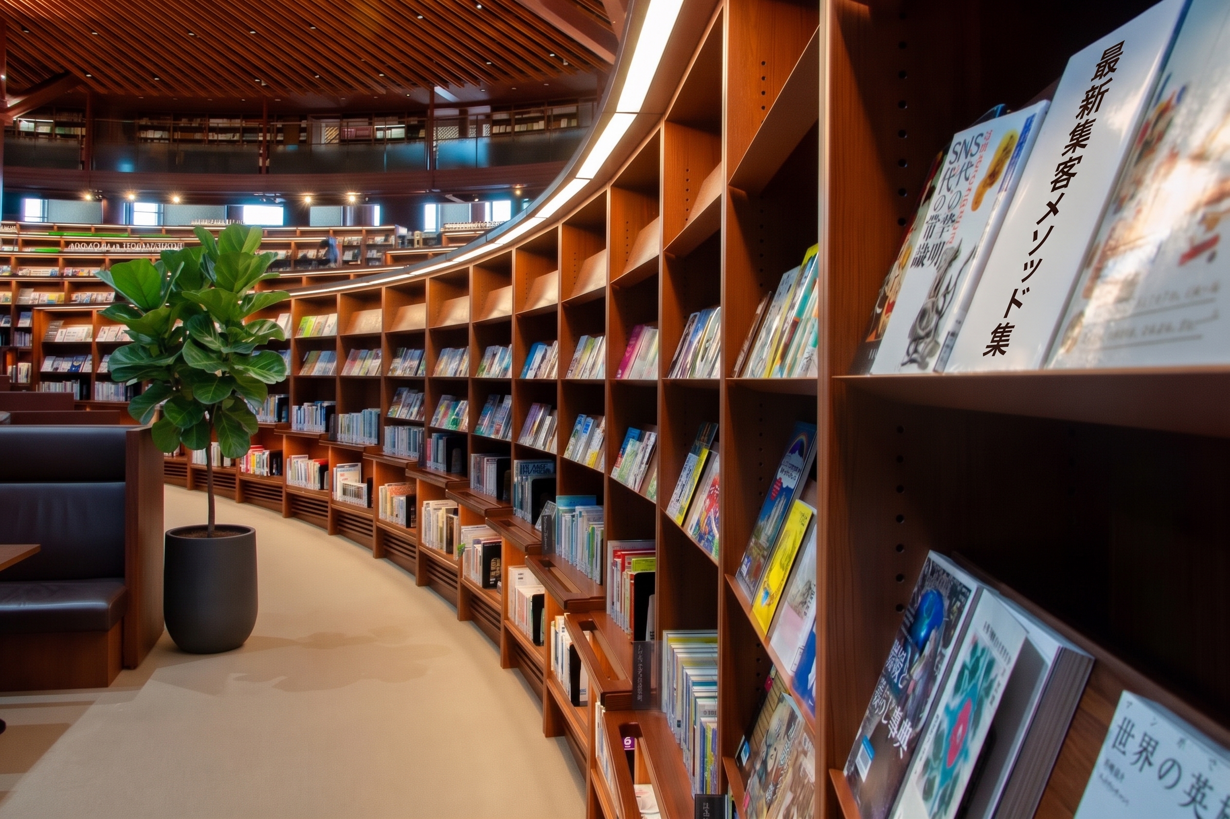 集客に関する本が並ぶ、落ち着いた図書館の書棚